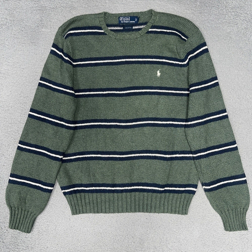 VTG Polo Ralph Lauren Sweater Men's Sz L Green Blue Striped White Pony Pullover - Picture 1 of 6